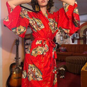 1970s 100% Cotton yukata red geisha print gold sensu Kimono - made in Japan!
